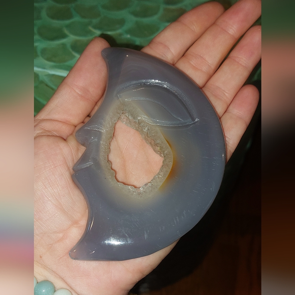 Blue Lace Agate Druzy Sleeping Moon Carved Stone - Picture 5 of 5